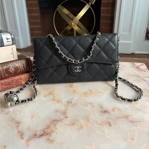 Chanel Caviar Leather Black Classic Trifold Flap Wallet on Chain | WOC